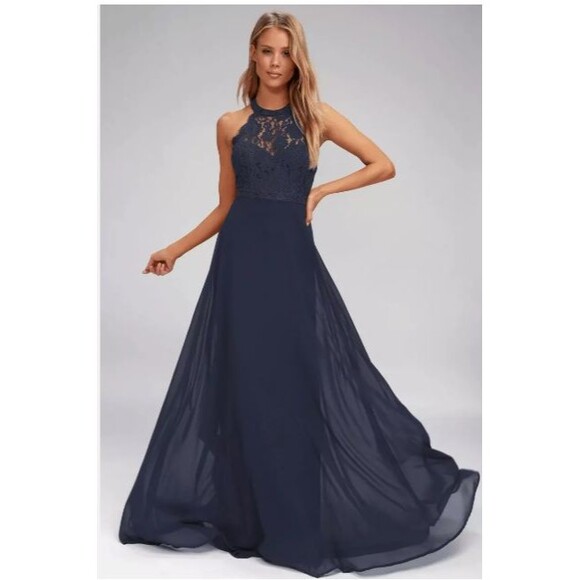 Lulus Dress Dance All Evening Navy Blue Lace Size Small Maxi Chiffon Bridesmaid - Picture 1 of 8